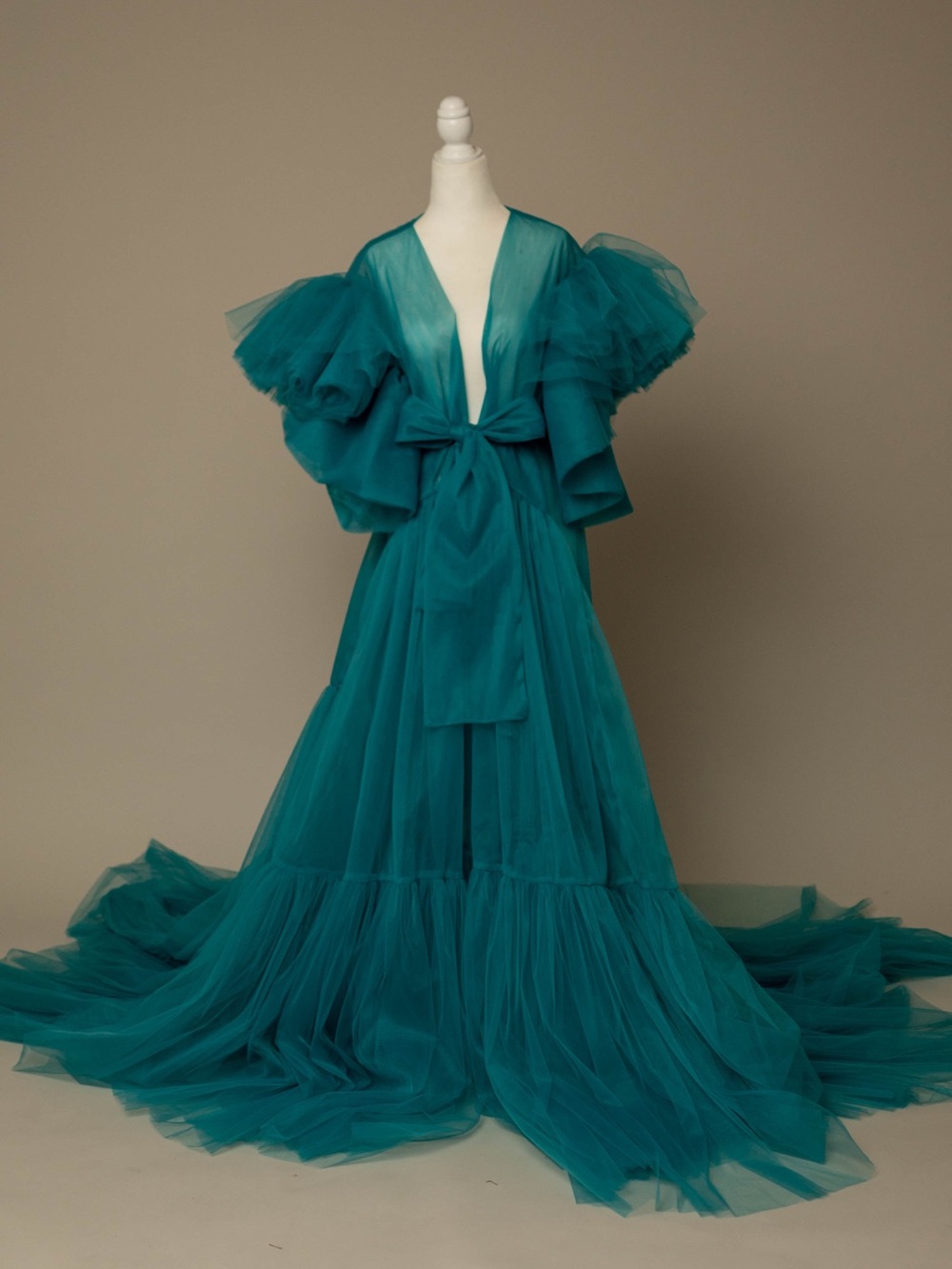 Teal Tulle Gown with Dramatic Puff Sleeves